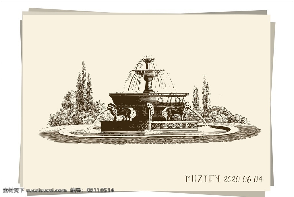 喷泉素描画 喷泉 欧式庭院 花园 建筑 园艺设计 素描画 手绘稿 风景 自然景观 建筑园林