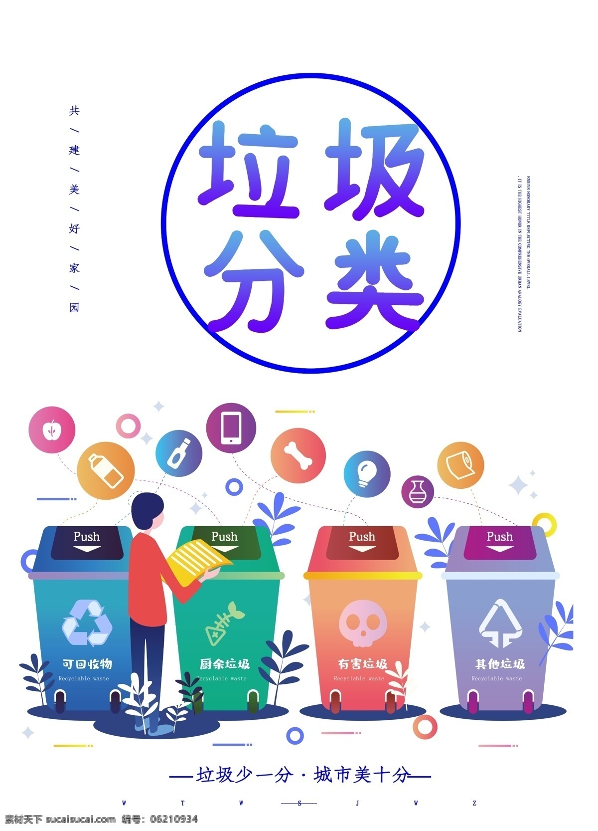 垃圾分类 垃圾 分类 环保 地球 绿色 公益 环境 保洁 健康 垃圾桶 卡通 分层