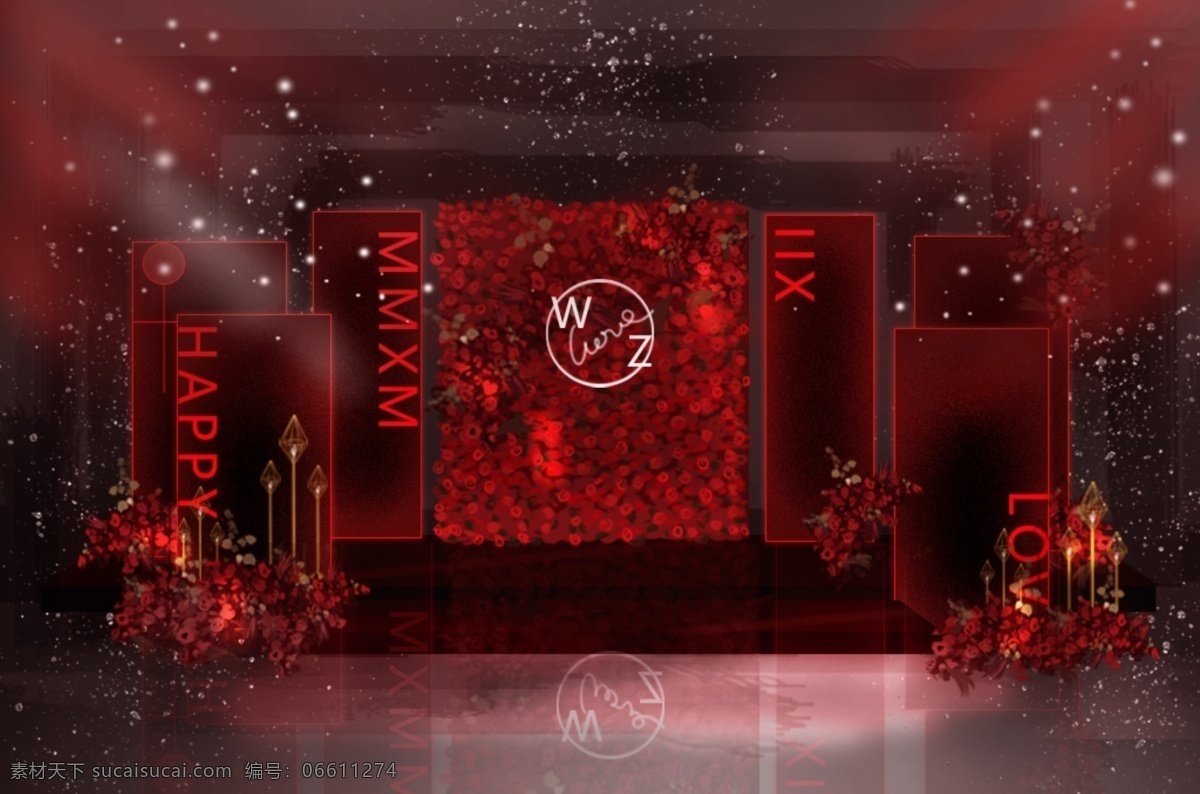红色 喜庆 现代 婚礼 舞台 仪式 区 效果图 红色婚礼 花墙 层次感 pvc 红色花艺 红色花艺背景 透明 玻璃 背景