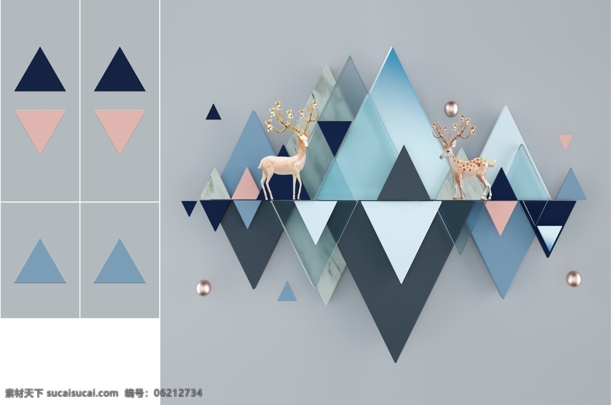 新中式影视墙 新中式 几何 鹿 影视墙 三角形 影视墙玄关 分层 背景素材