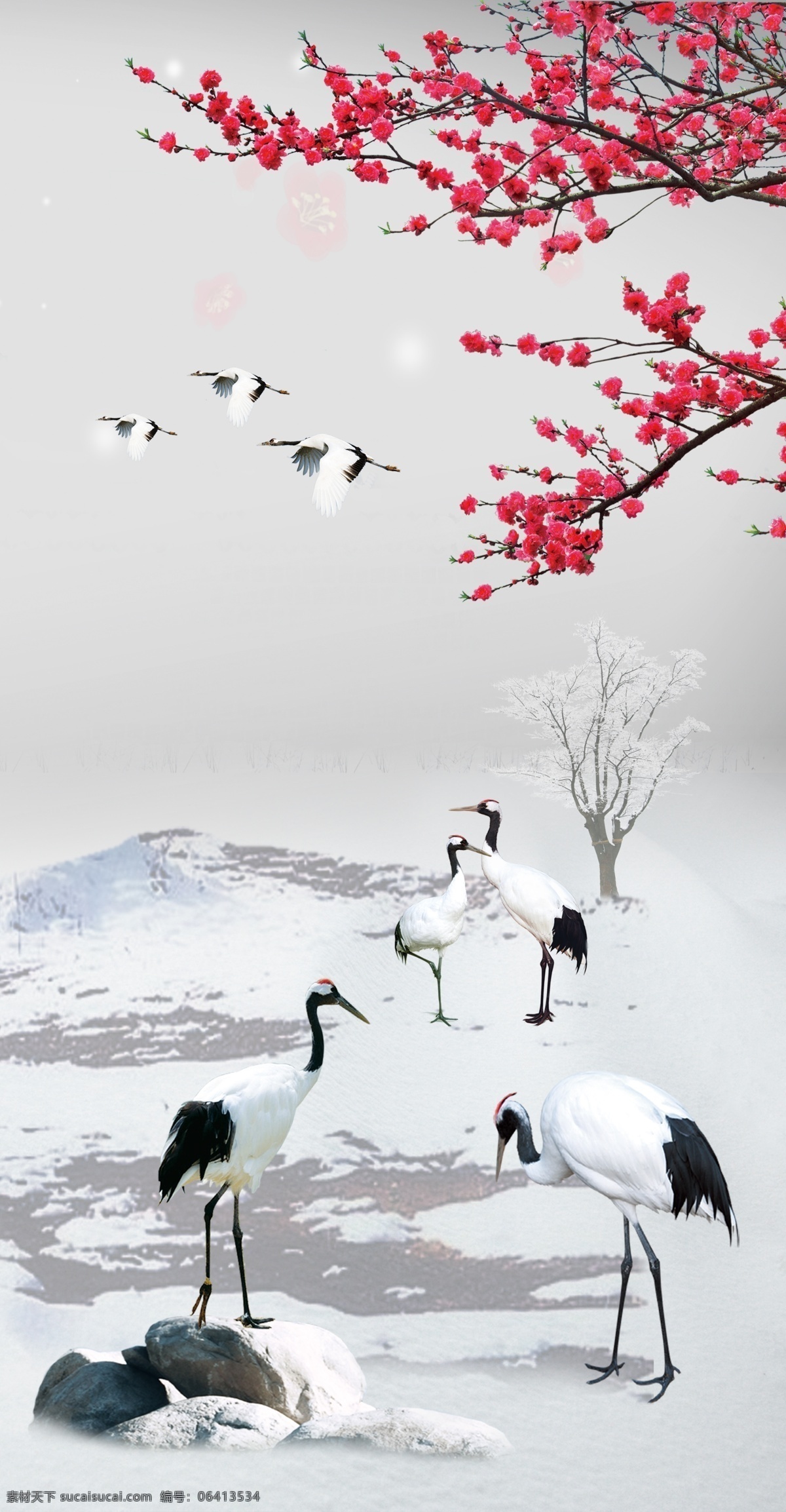 仙鹤闹春 仙鹤 鹤 梅花 桃花 画 雪景 飞鹤 树 枯树 山 石头 江南 风景 美景 冬天 冬景 远山 国画 风景如画 中堂 分层 源文件