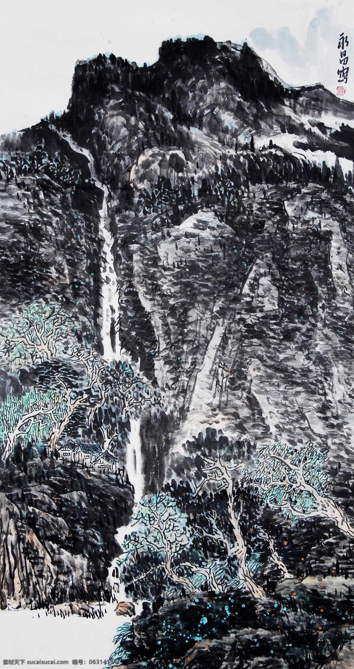 高山流水 国画艺术 画 绘画书法 瀑布 山峰 山林 山岭 中国画 水墨画 山水画 现代国画 山水 树木 雾 溪流 书法 印章 国画集7 文化艺术 装饰素材 雕刻 图案