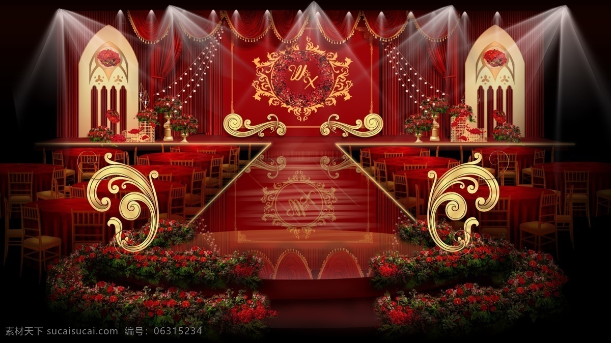 红色 欧式 婚礼 主 舞台 效果图 红色婚礼 欧式婚礼 婚礼效果图 欧式门 欧式花纹 圆形舞台