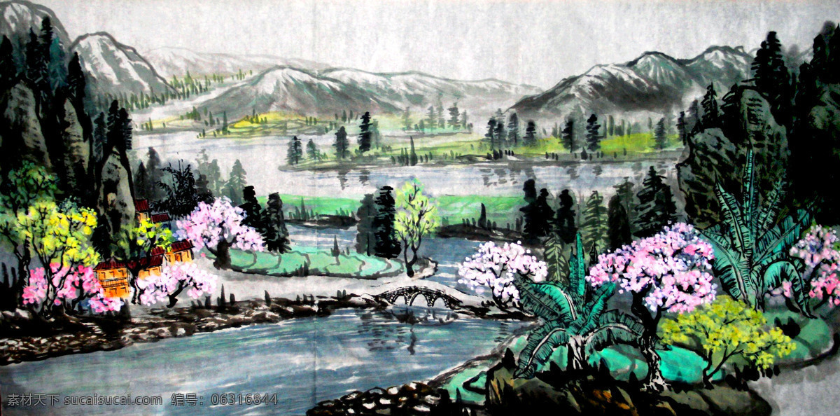村庄 房屋 国画艺术 河流 花木 绘画 绘画书法 美术 水乡春光 中国画 水墨画 写意画 山岭 农家 树木 小桥 云雾 书法 印章 山水 专辑 文化艺术 家居装饰素材 雕刻 图案
