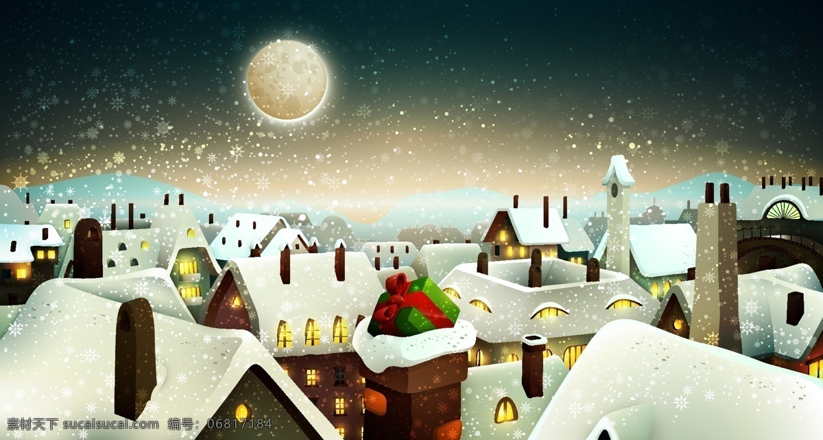 园 月 雪夜 圣诞 小镇 矢量 月亮 矢量图片 平安夜 圣诞树 圣诞小镇