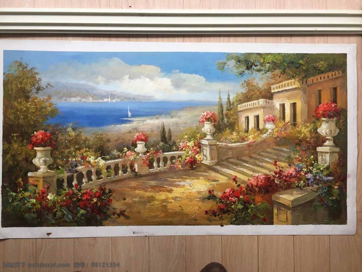 纯 手绘 地中海 风格 油画作品 油画 街景 风景 文化艺术 美术绘画