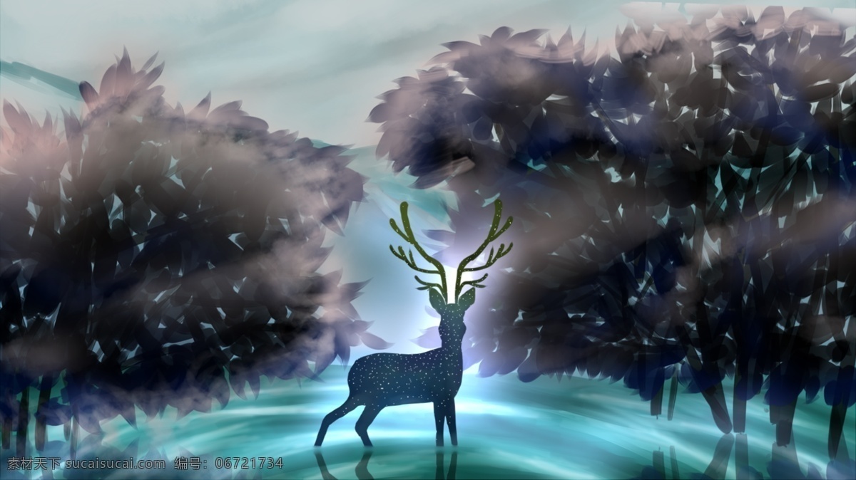 梦 中 寻 鹿 森林 梦幻 插画 治愈 湖