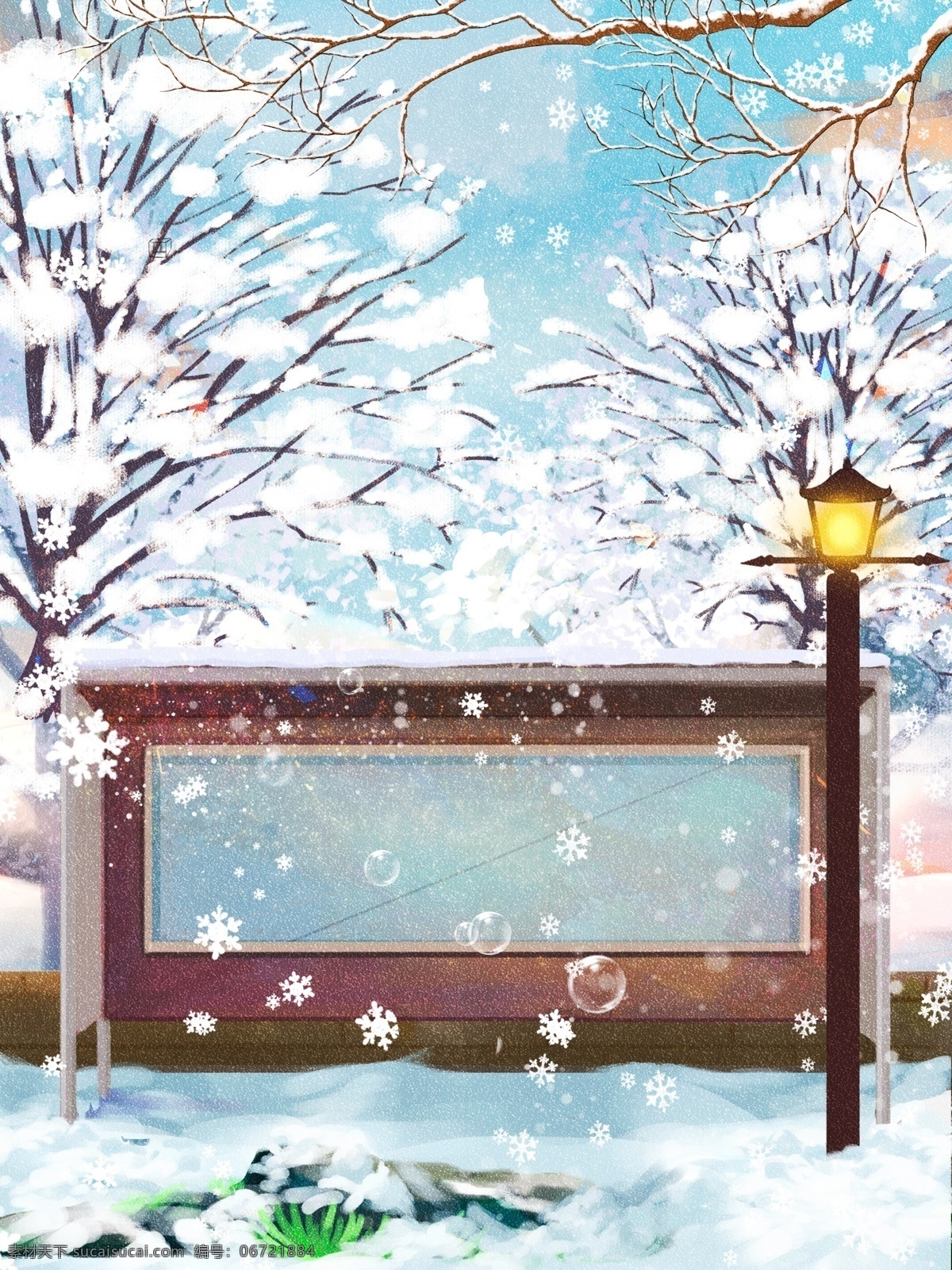 冬季 下雪 雪地 公交 站 背景 雪花 公交站 冬季背景 路灯 广告背景 手绘背景 促销背景 背景展板图 背景图