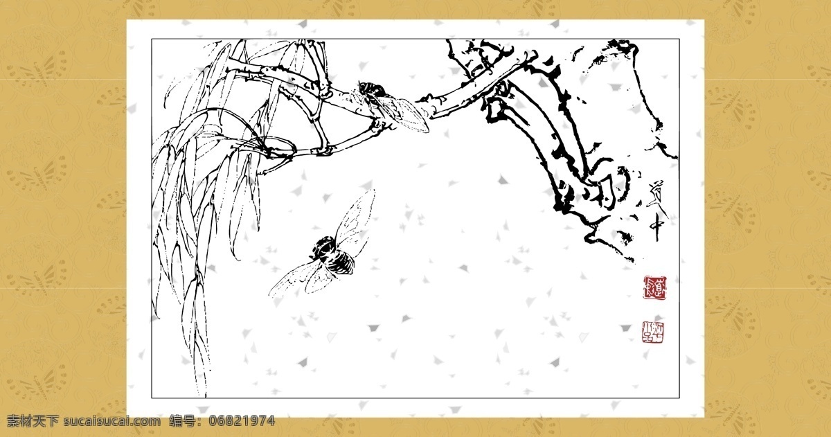 秋蝉 工笔 白描 图案 绘画 古典 传统纹样 神话传说 蝉 传统文化 文化艺术 矢量