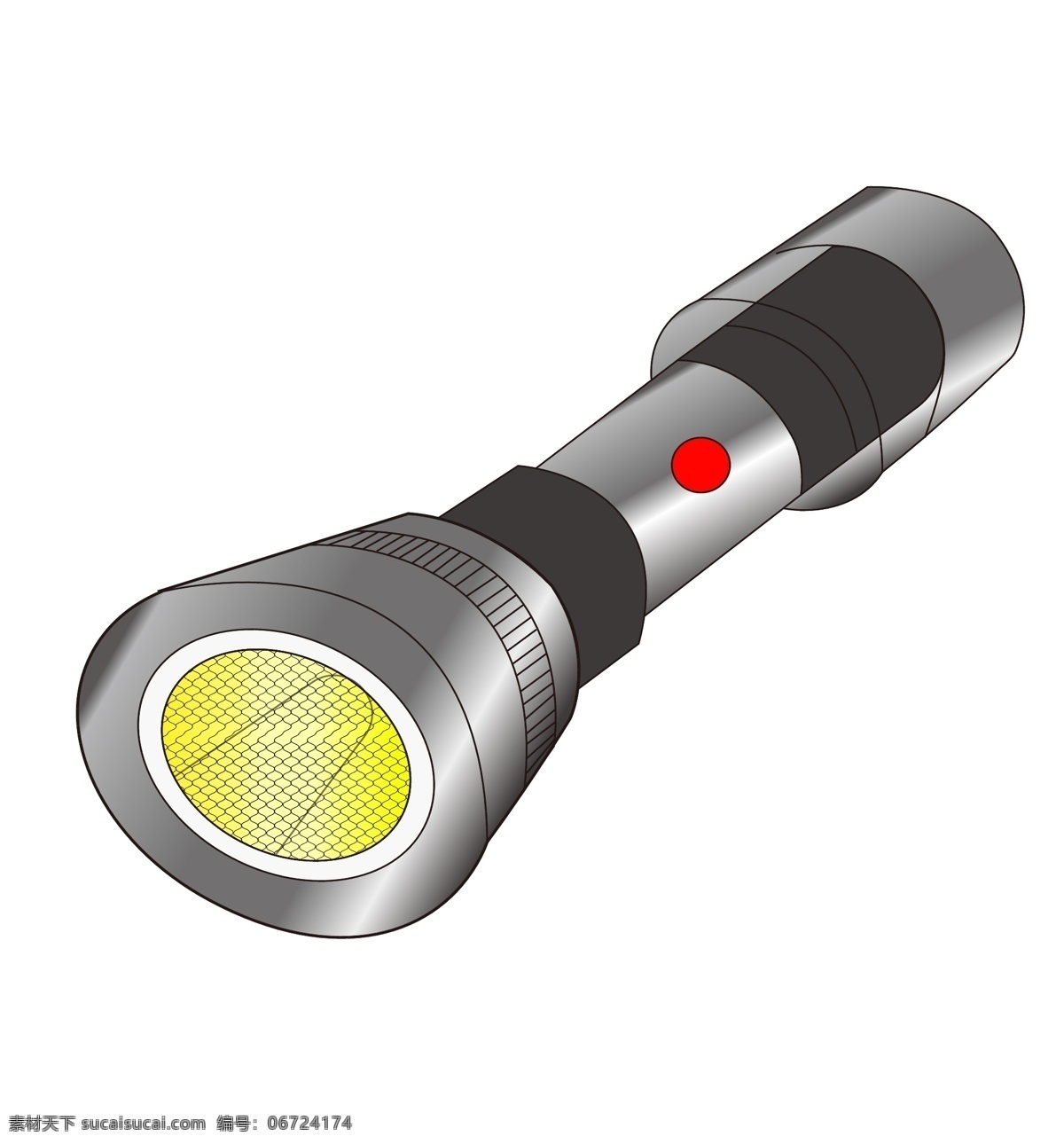 手绘 银色 手电筒 插画 手绘手电筒 黄色灯光 照明 照亮 红色按钮 卡通手电筒 光束 光线 生活用品