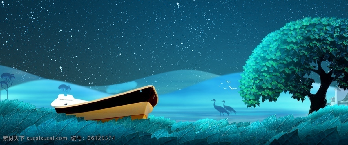 蓝色 清新 旅游 背景 海报 树木 夜空 船只 草地 简约 卡通