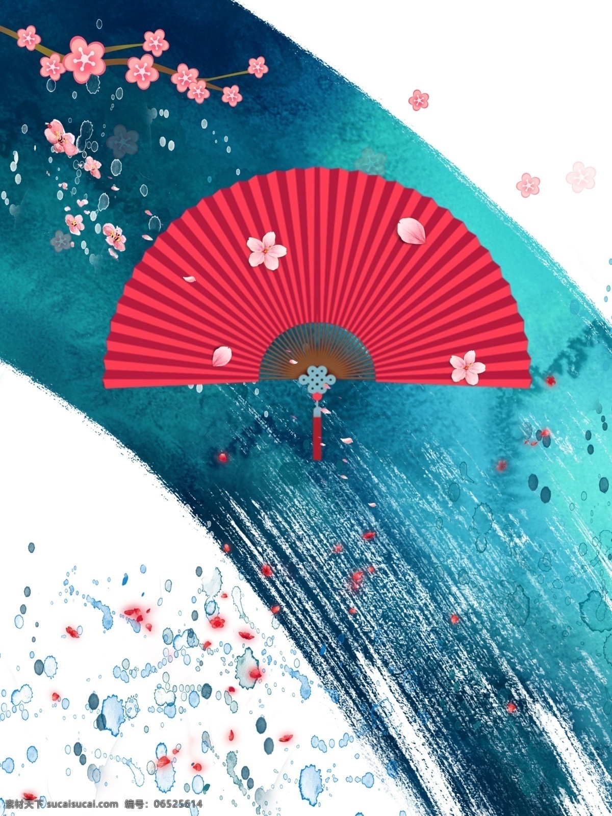 中国 风 水墨 彩色 花朵 扇子 手绘 创意 装饰画 中国风 红色 花瓣 新中式 新水墨 创意中式
