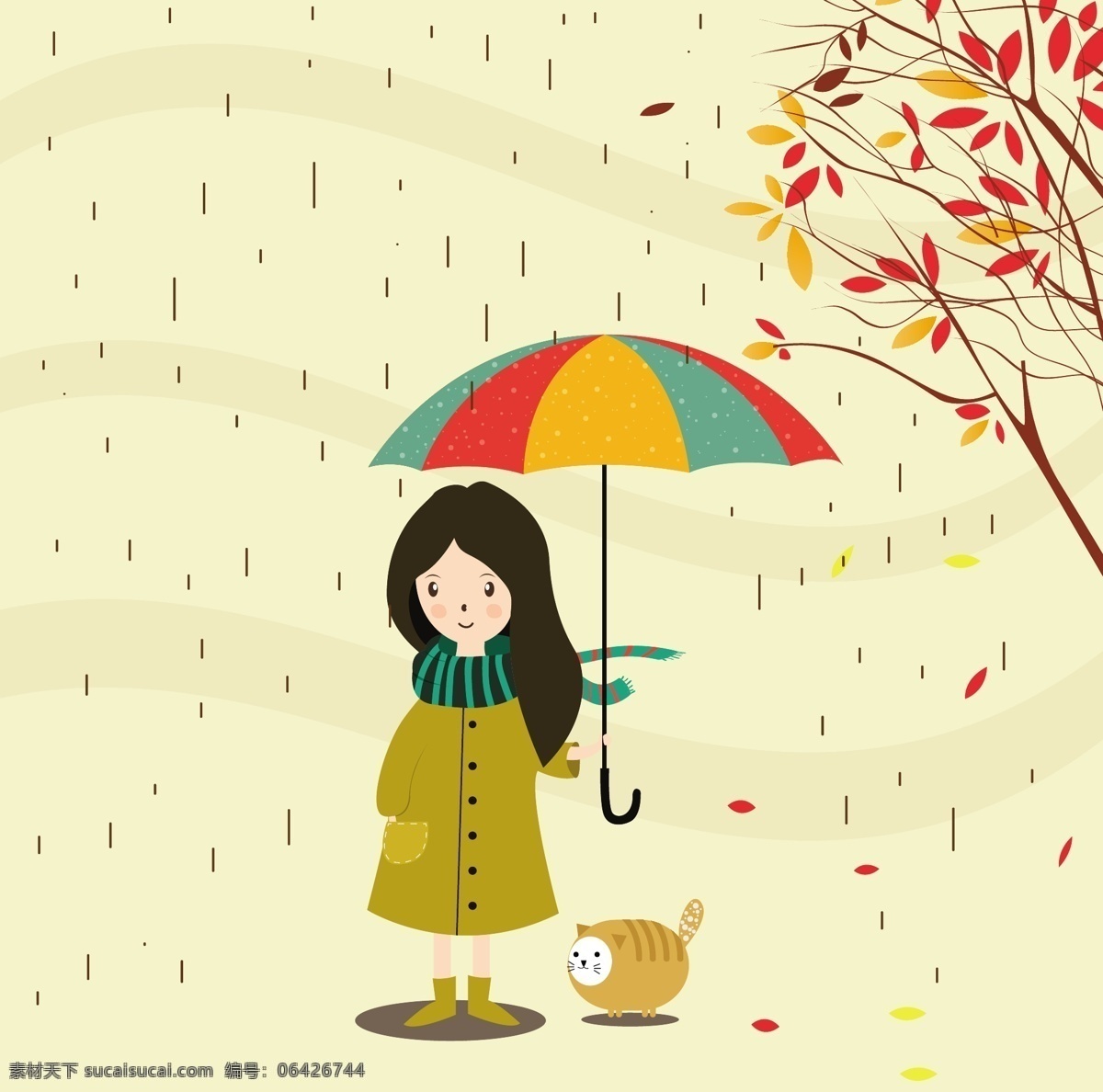 可爱 手绘 雨季 插画 手绘插画 女孩 下雨 叶子 伞 矢量素材