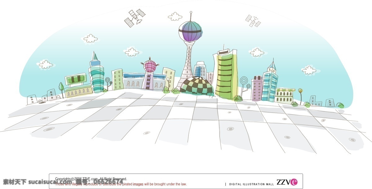 城市矢量插画 抽象建筑 城市 外星城市 未来城市 卫星 科幻 矢量插画 动漫动画 风景漫画