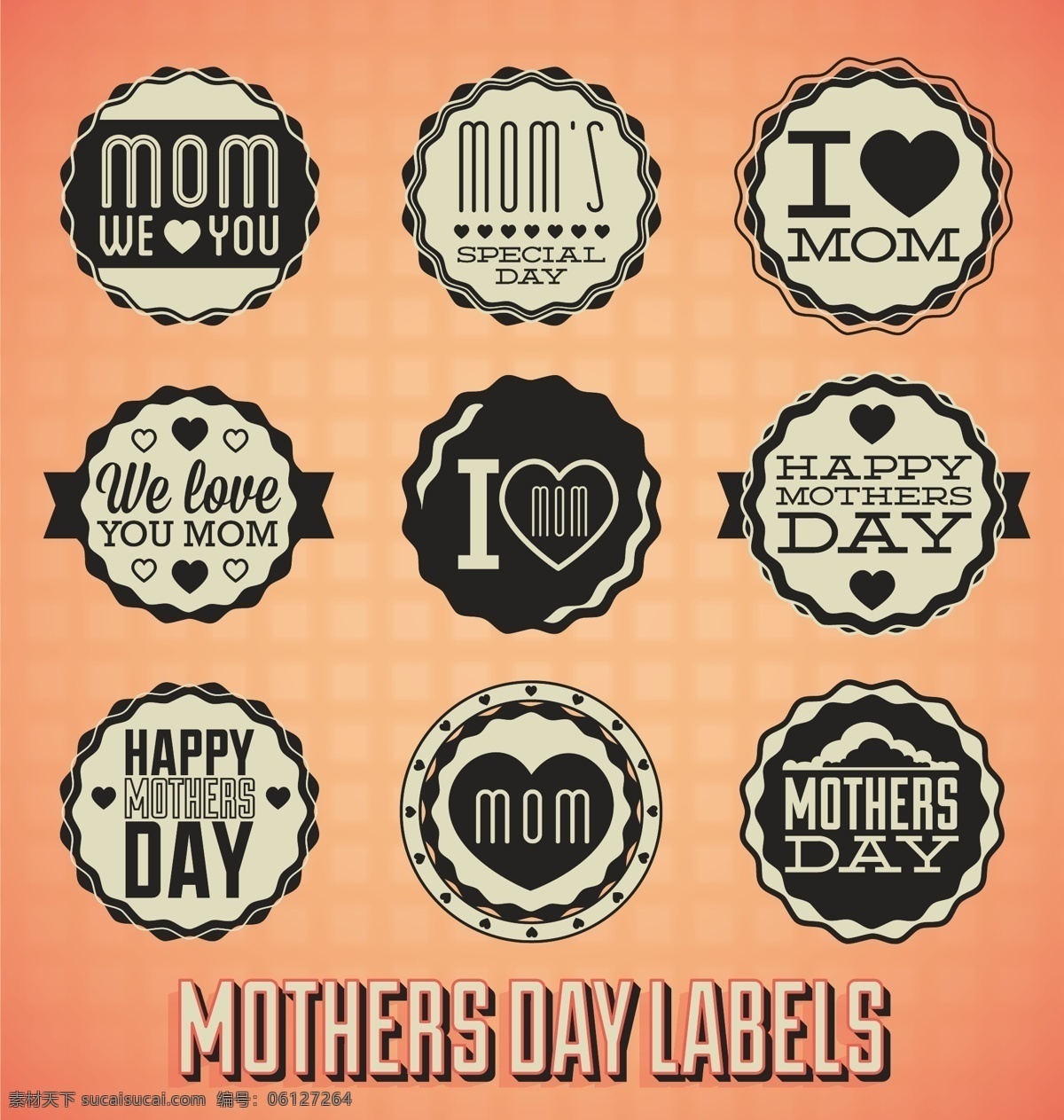 母亲节 圆形 标签 happy mothers day 母亲节标签 母亲节徽章 圆形标签 圆形徽章 橙色