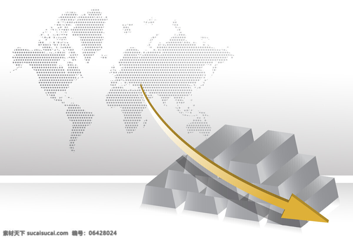 世界地图 白银 箭头 银条 银砖 金融货币 财富 商务金融