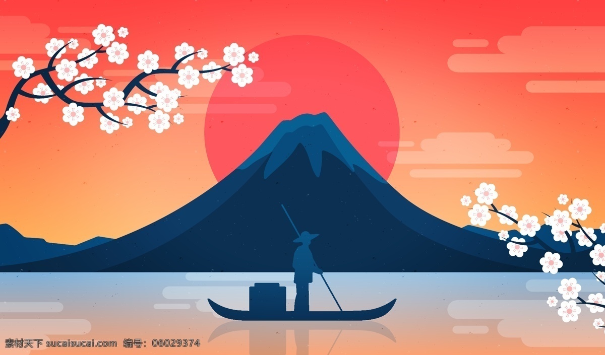 日本富士山 风景 樱花 海 山水风景 文化元素 卡通设计