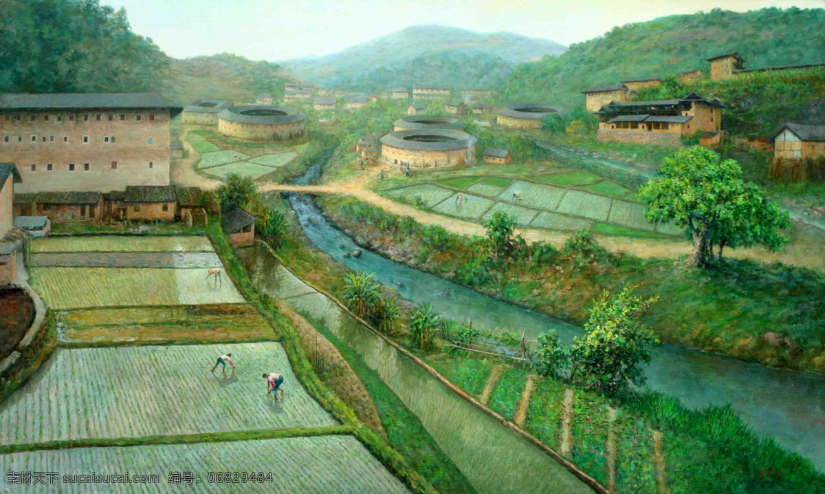 绘画书法 土楼 文化艺术 油画 中国画 劳作设计素材 劳作模板下载 劳作 黄承志 水田 插秧 客家土楼