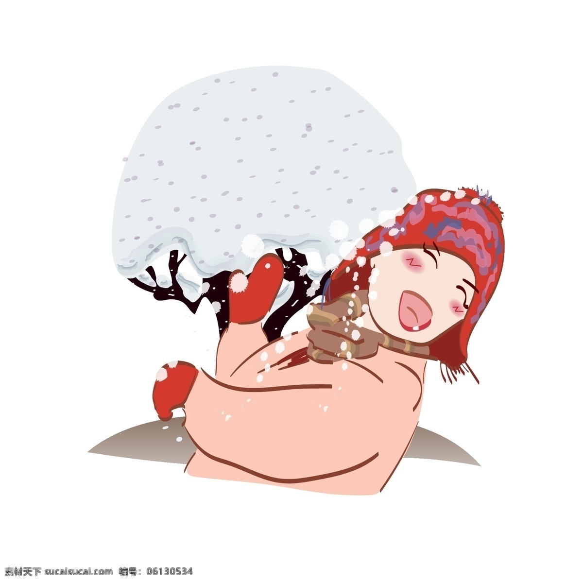 打雪仗 下雪 欢乐 红帽子 女孩 冬天 元素 场景 小清新 矢量 手绘 手账 雪 海报