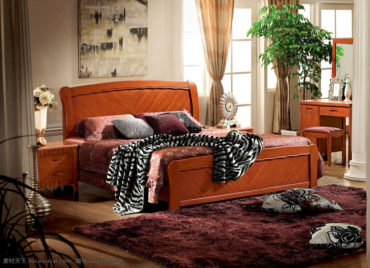 实木家具 床头柜 地毯 挂画 实木软床 实木软床背景 家居装饰素材 室内设计
