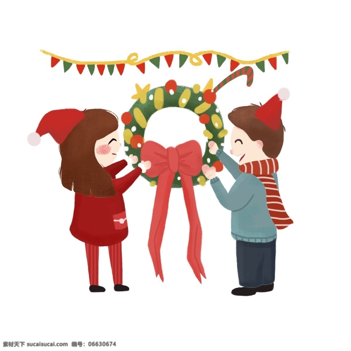 圣诞节 大家 一起 欢庆 圣诞 卡通 手绘 彩旗 花环 男孩 女孩 红色的蝴蝶结 圣诞帽子 围巾 绿色 帮助 灰色