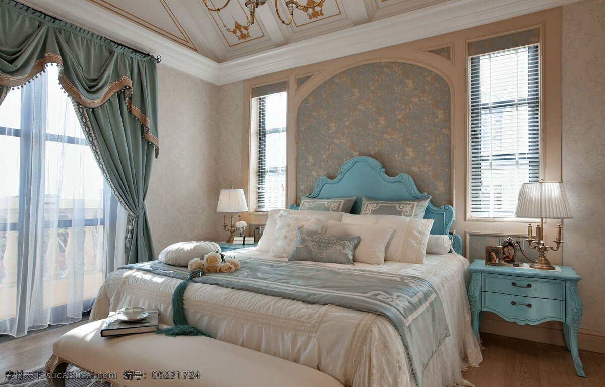 欧式 卧室 绿色 床头柜 装修 效果图 窗户 床铺 方形吊顶 灰色地板砖 蓝色窗帘