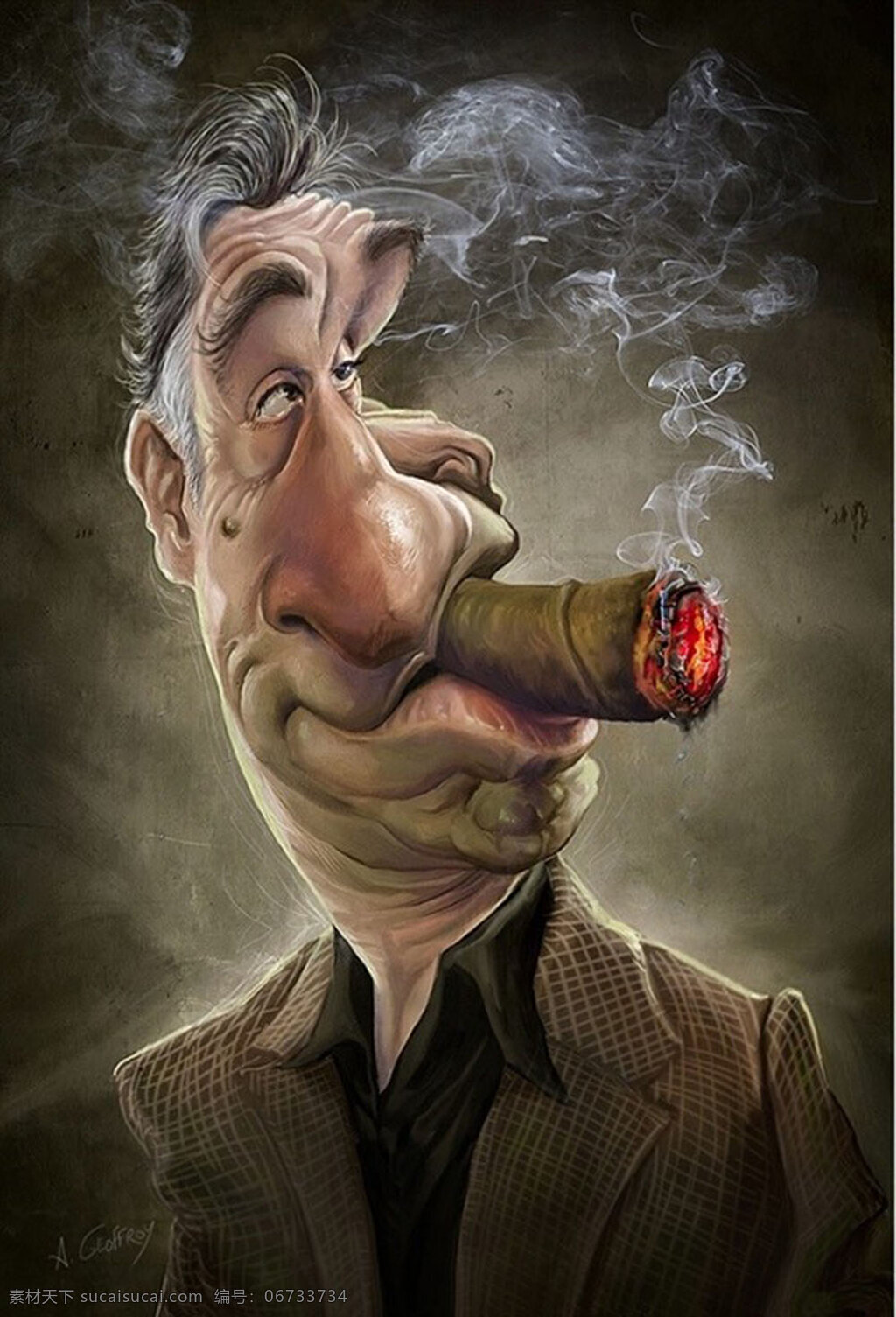 夸张 人物 插画 作品 经典 人 男人 抽象 anthony geoffroy 烟枪 大亨 西装 抽烟 火光 烟雾 动漫人物 动漫动画