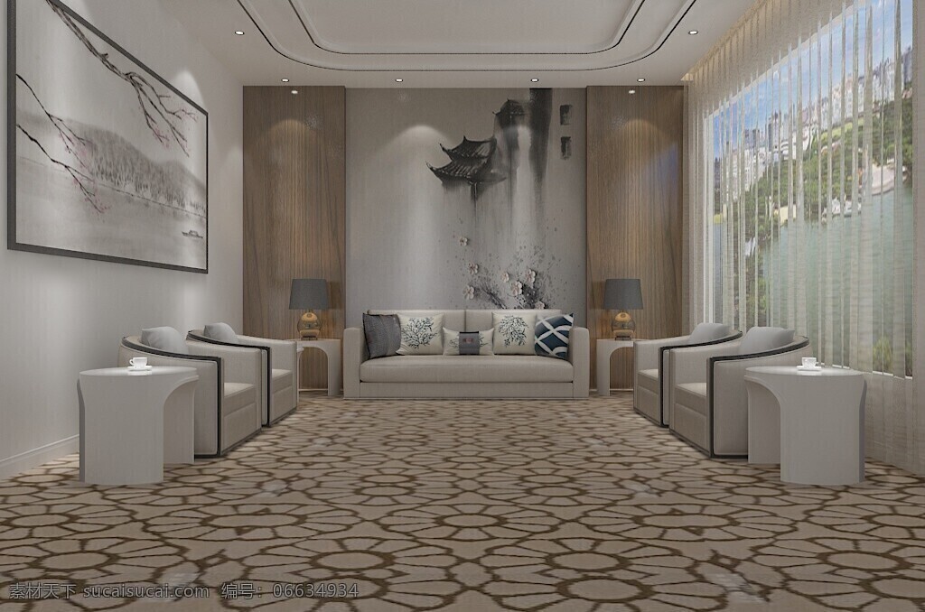 现代 接待室 装修 效果图 工装效果图 地毯 装饰画 新中式 沙发 会客室 石膏板吊顶 简约风