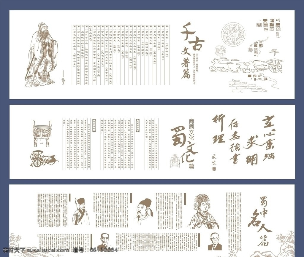 文化长廊 校园文化建设 文化墙 浮雕 图案 孔子 武则天 蜀文化 古文化 千古名著 传统文化 文化艺术 矢量