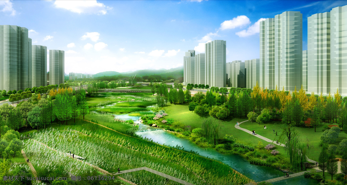 李村河效果图 效果图 建筑效果图 建筑 城市 楼房 美丽的城市 河流 桥 山 景观 小河 蓝天 白云 景观设计 环境设计