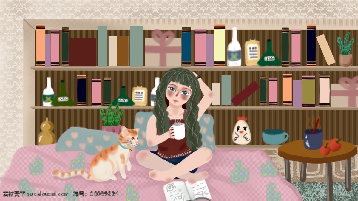 居家 长发 女孩 撸 猫 看书 开心 生活方式 插画 饮料 卧室 动物 小清新 朋友圈配图 手机壁纸 电脑壁纸 插图 配图 微博配图 公众号配图 文章配图 原创 喝水 书房 猫咪 萌宠 阅读 书橱 酒瓶 粉红