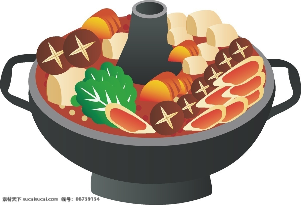 煮 熟 火锅 手绘 插画 手绘火锅 卡通火锅 绿色的蔬菜 黑色的火锅 煮熟火锅 漂亮的火锅 咖色的香菇