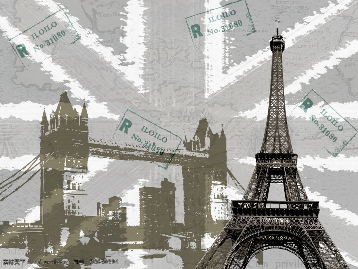 欧式复古背景 欧式 复古 怀旧 建筑 巴黎铁塔 桥 英国国旗 邮戳 背景 psd分层 分层 背景素材