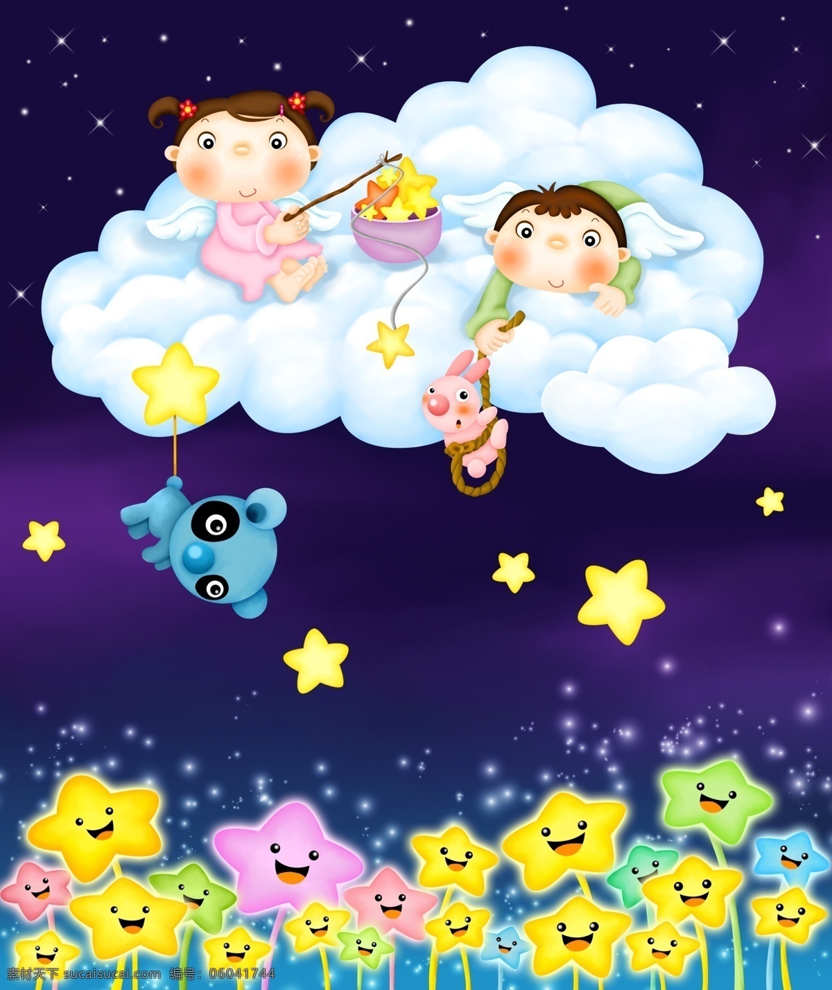 卡通儿童 卡通 儿童 星星 卡哇伊 小孩儿 男孩儿 女孩儿 云 背景 夜晚 可爱 微笑 小兔 兔子 小动物 动物 绳子 钓星星 星星笑脸 星光 天使 翅膀 源文件库