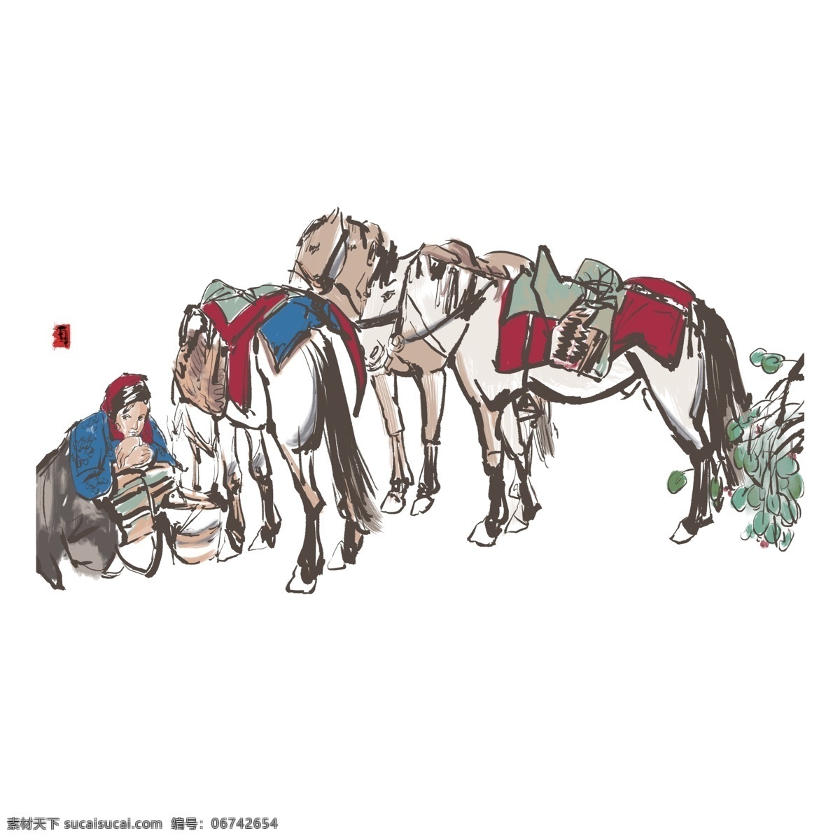 彩色 创意 传统 画 马 元素 古典 风格 装饰 马鞍 养马 古风 古代养马 出行 运输 植物 大树 插画