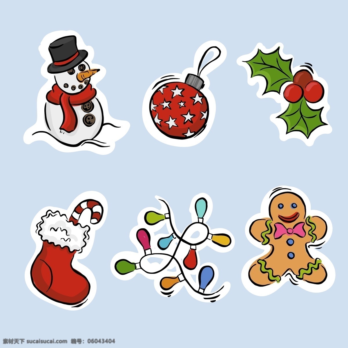 手绘 圣诞 元素 可爱 雪人 装饰品 圣诞节 设计元素 圣诞袜 彩灯 姜饼人