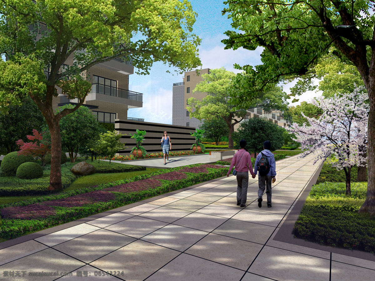 绿化 3d设计 道路 房地产 树木 小区绿化 效果图 行人