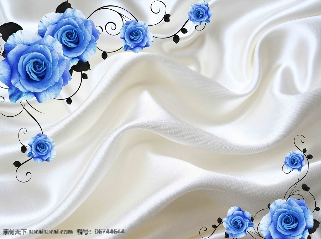 3d 丝绸 蓝色 妖姬 背景 墙 立体 牛奶般的感觉 玫瑰 花藤 蝴蝶 简约 不分层 电视背景墙 装饰画 背景墙系列 3d设计