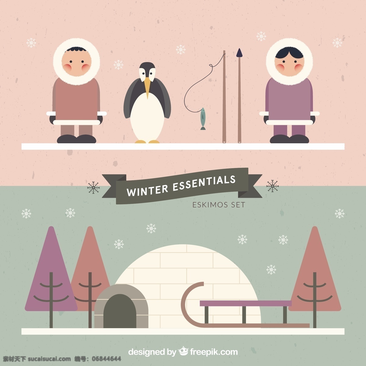 爱斯基摩人 平面设计 自然 冬天 平的 可爱的 企鹅 冷的 冰屋 北极 白色