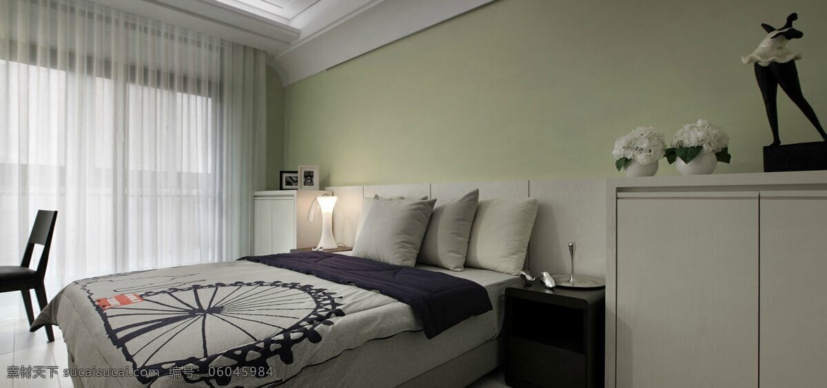 简约 卧室 置 物 柜 装修 效果图 床铺 床头绿色背景 方形吊顶 灰色窗帘 浅色地板砖