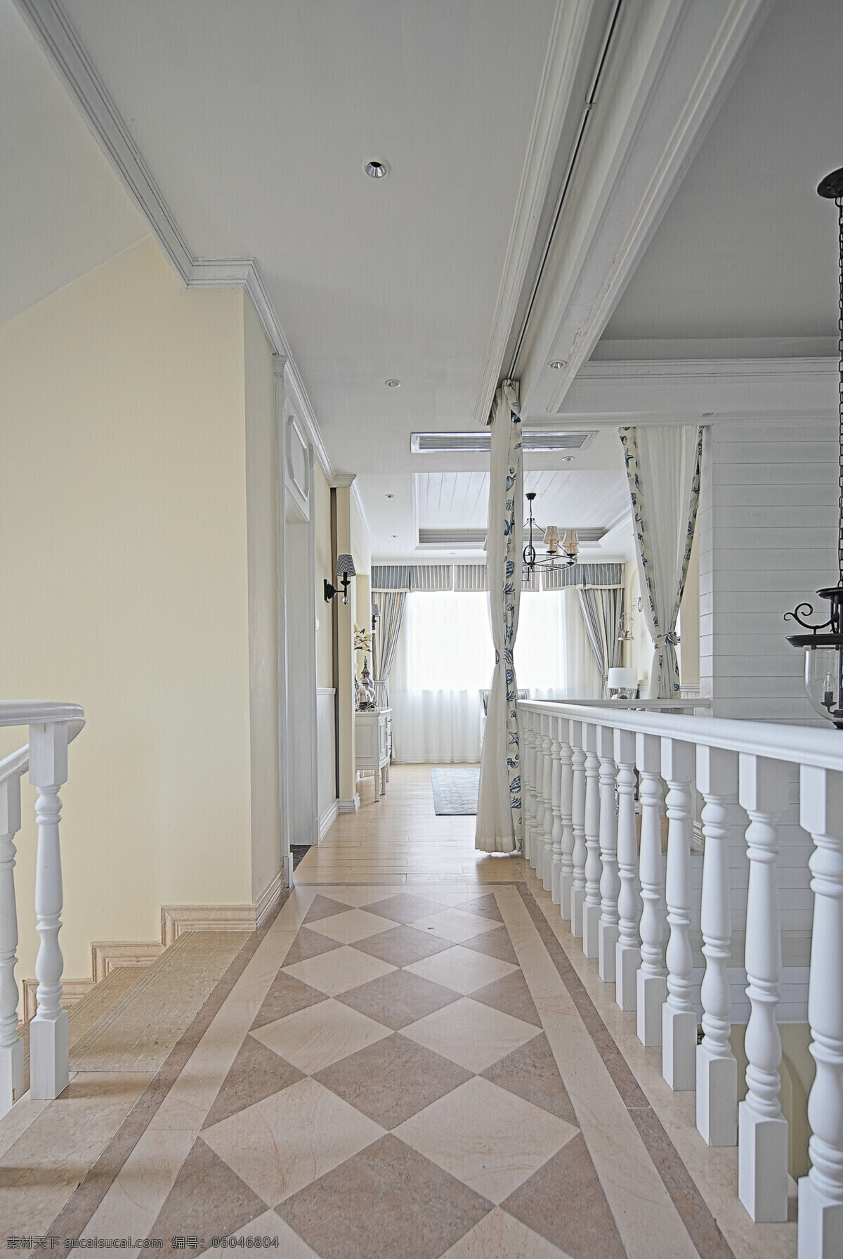 楼 中楼 格子 地板 走廊 室内装修 效果图 白色栏杆 走廊装修 瓷砖地板 纯色背景墙