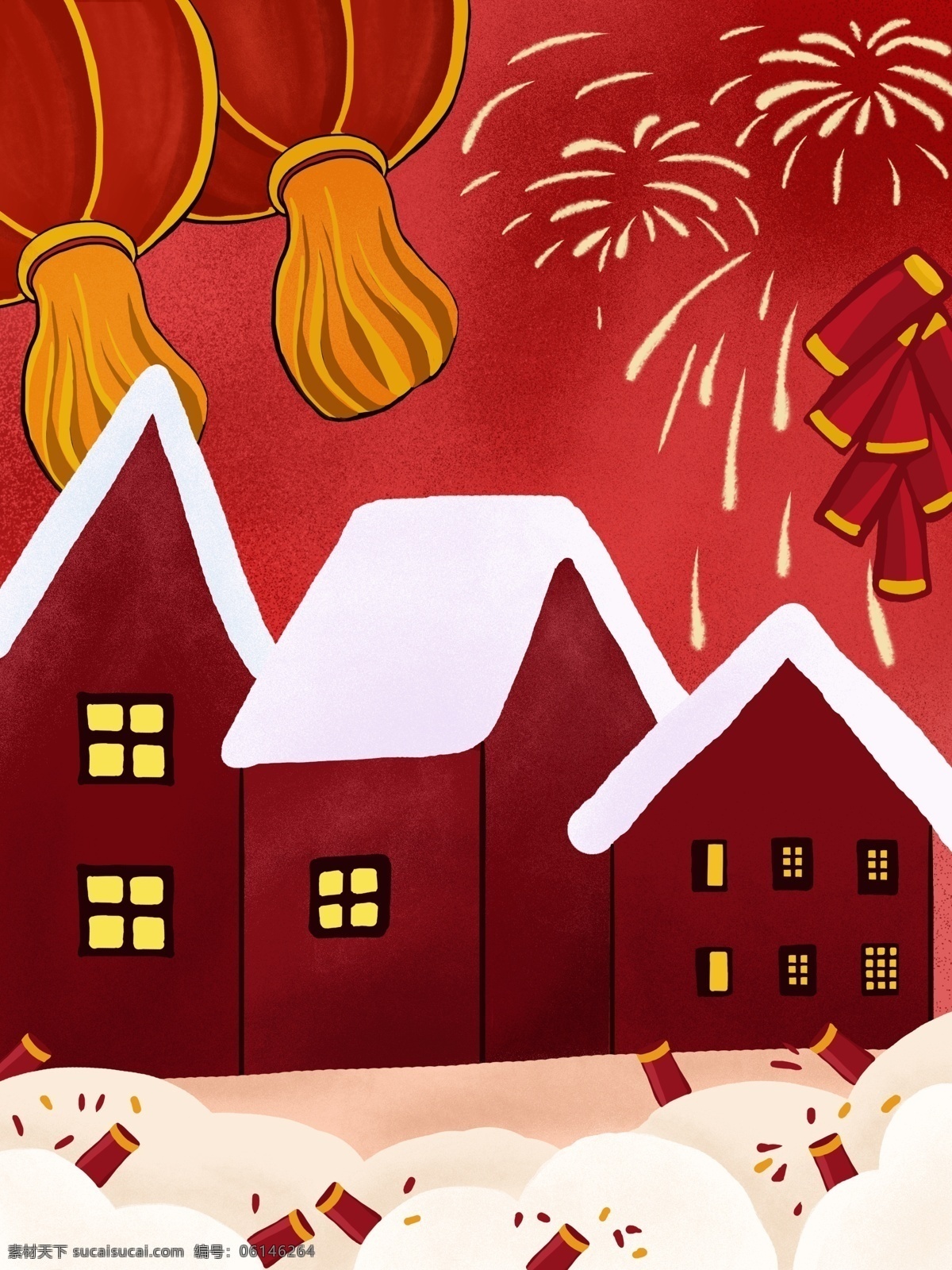 手绘 新年 喜庆 烟花 背景 灯笼 中国风背景 背景素材 春节 贺岁 春节快乐 恭贺新禧 恭喜发财 新年快乐 传统习俗 除夕 广告背景