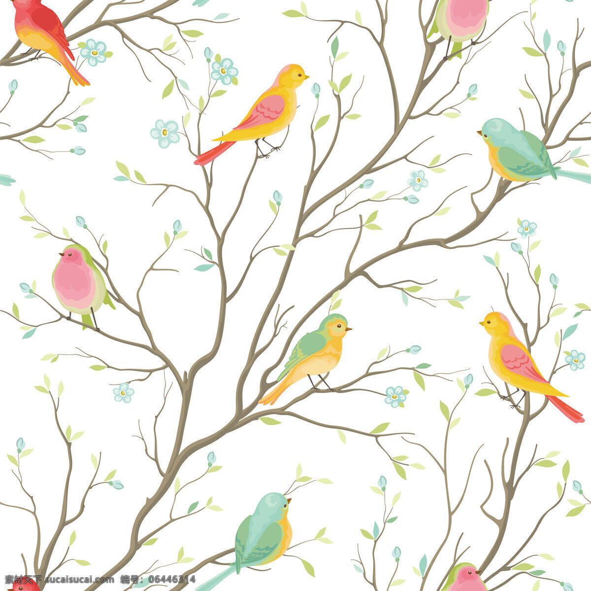 清新 素雅 鸟类 壁纸 图案 装饰设计 壁纸图案 颜色小鸟 浅褐色树枝 绿色树叶