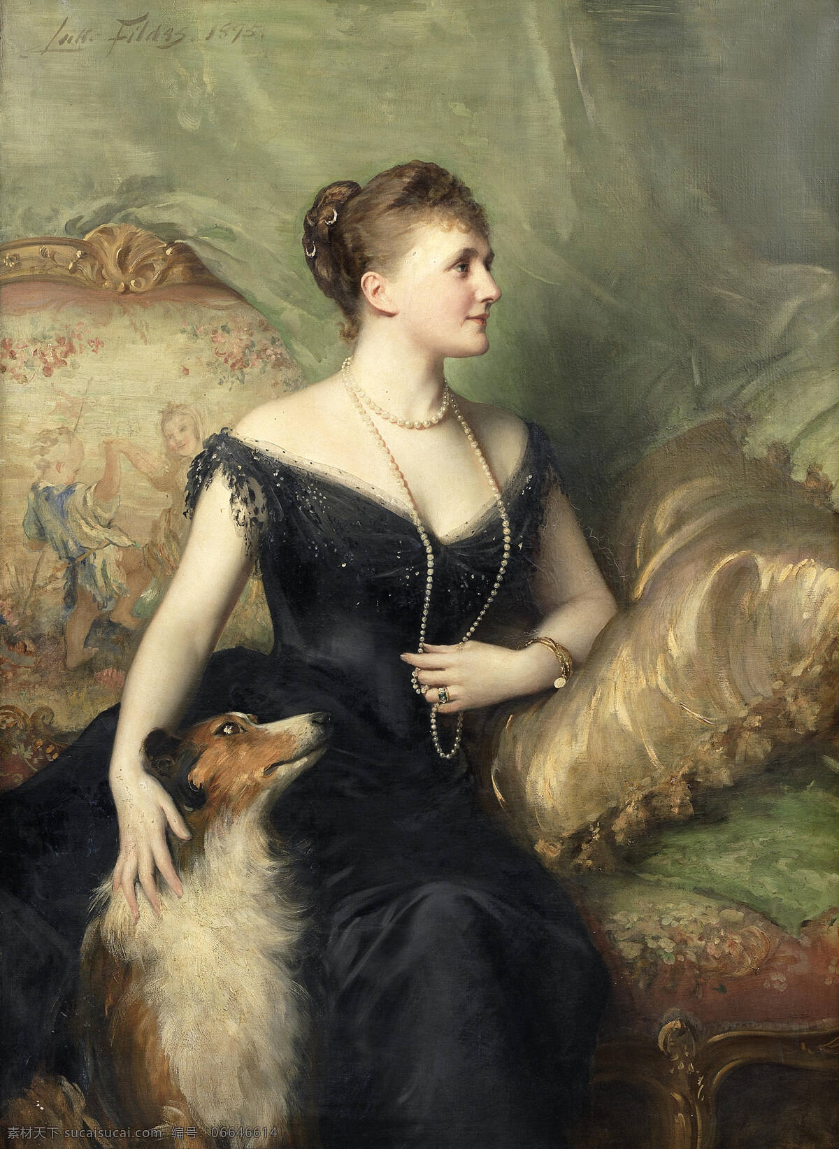 贵妇人与狗 苏格兰牧羊犬 贵族妇人 坐像 珍珠项链 19世纪油画 油画 绘画书法 文化艺术