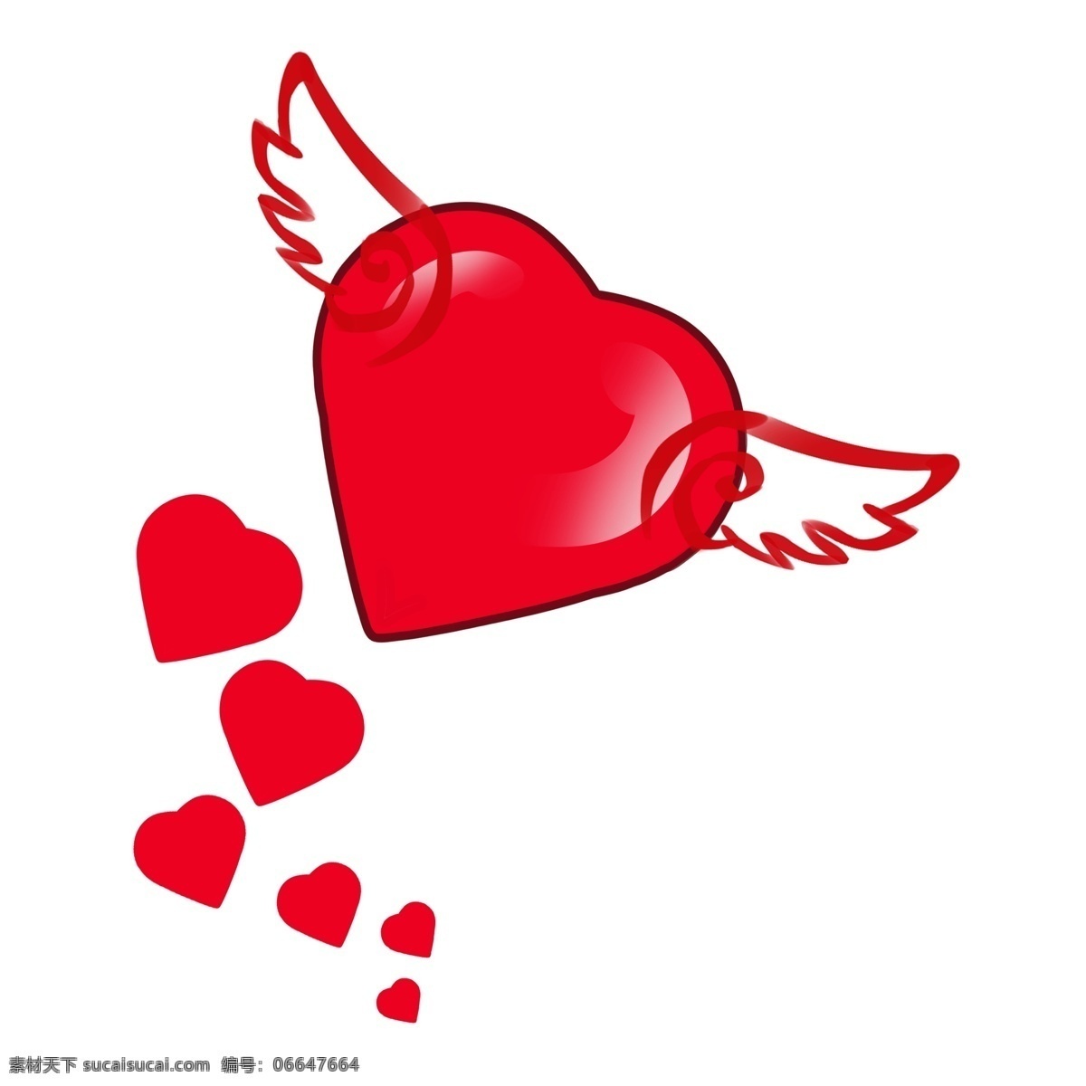 手绘 情人节 爱心 插画 白色的翅膀 情人节爱心 卡通插画 情人节快乐 红色的爱心