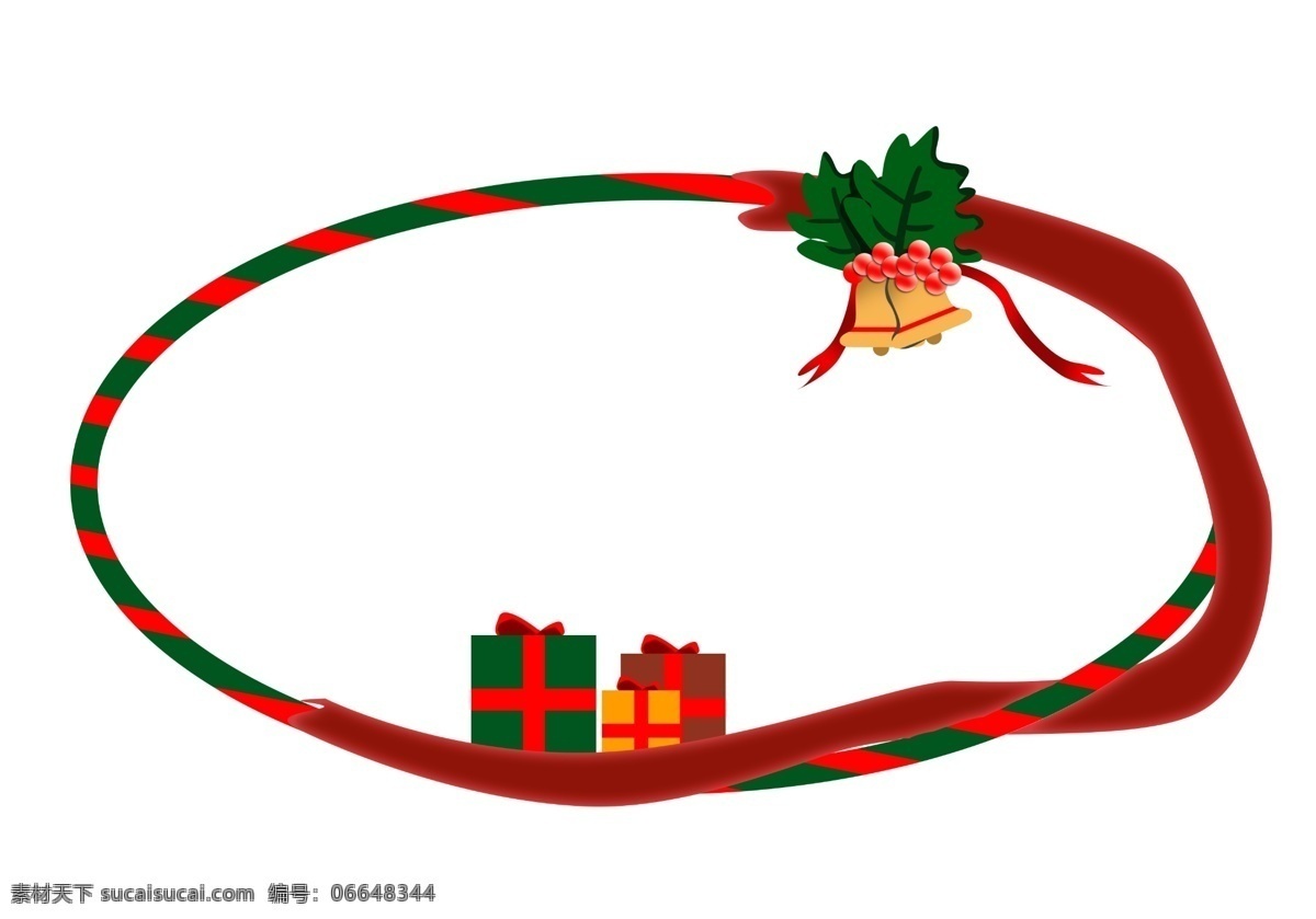 圣诞节 铃铛 边框 插画 手绘 红色的丝带 绿色的叶子 椭圆边框 黄色 绿色 礼盒