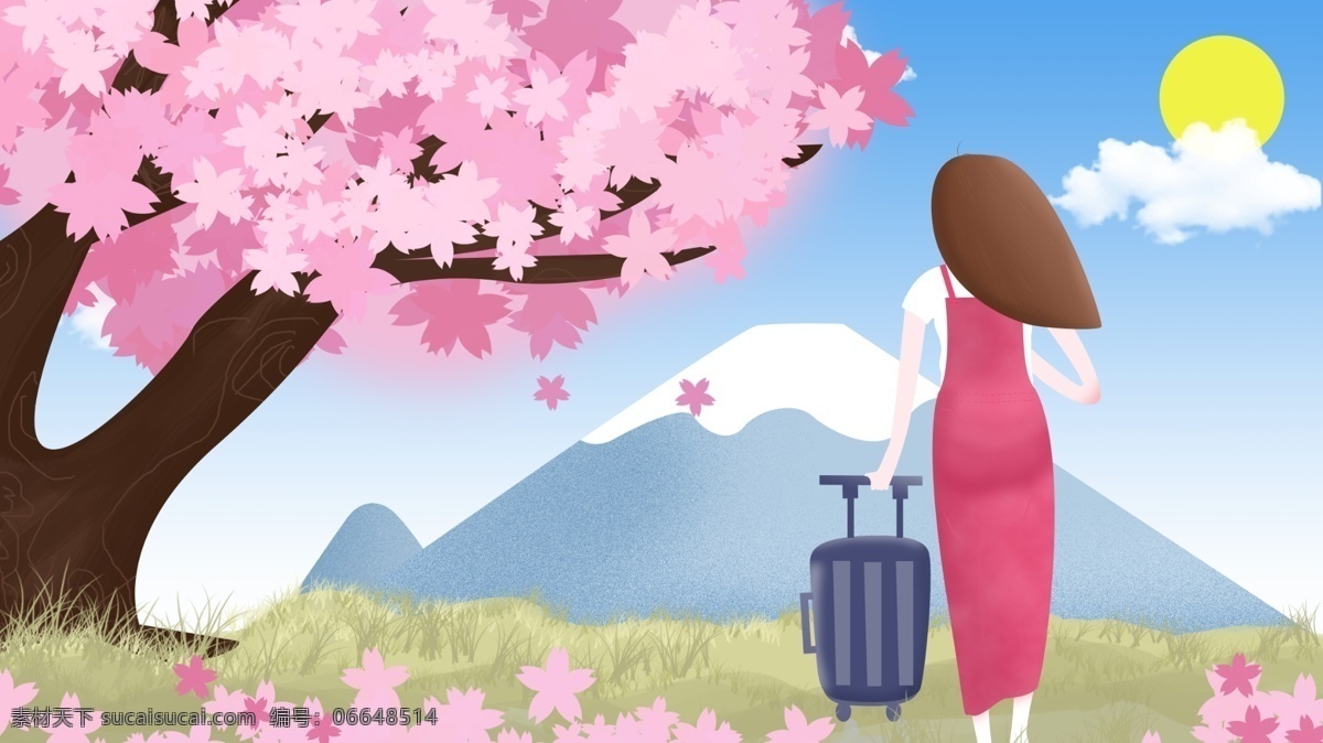 单身 女孩 去 日本 富士山 旅 游赏 樱花 原创 插画 旅行 旅游 太阳 云 花草 单身女孩 樱花树 行李箱