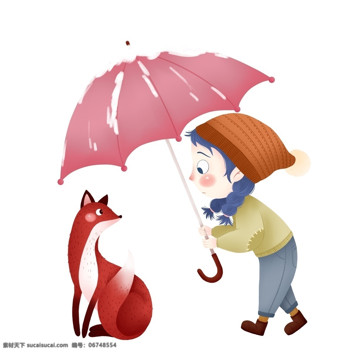 手绘 卡通 狐狸 女孩 元素 红雨伞 可爱元素 人物元素 精致人物 手绘元素 装饰图案 设计元素 卡通元素