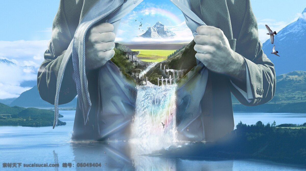 人体 中流 淌 山水 创 意图 蓝色背景 人物