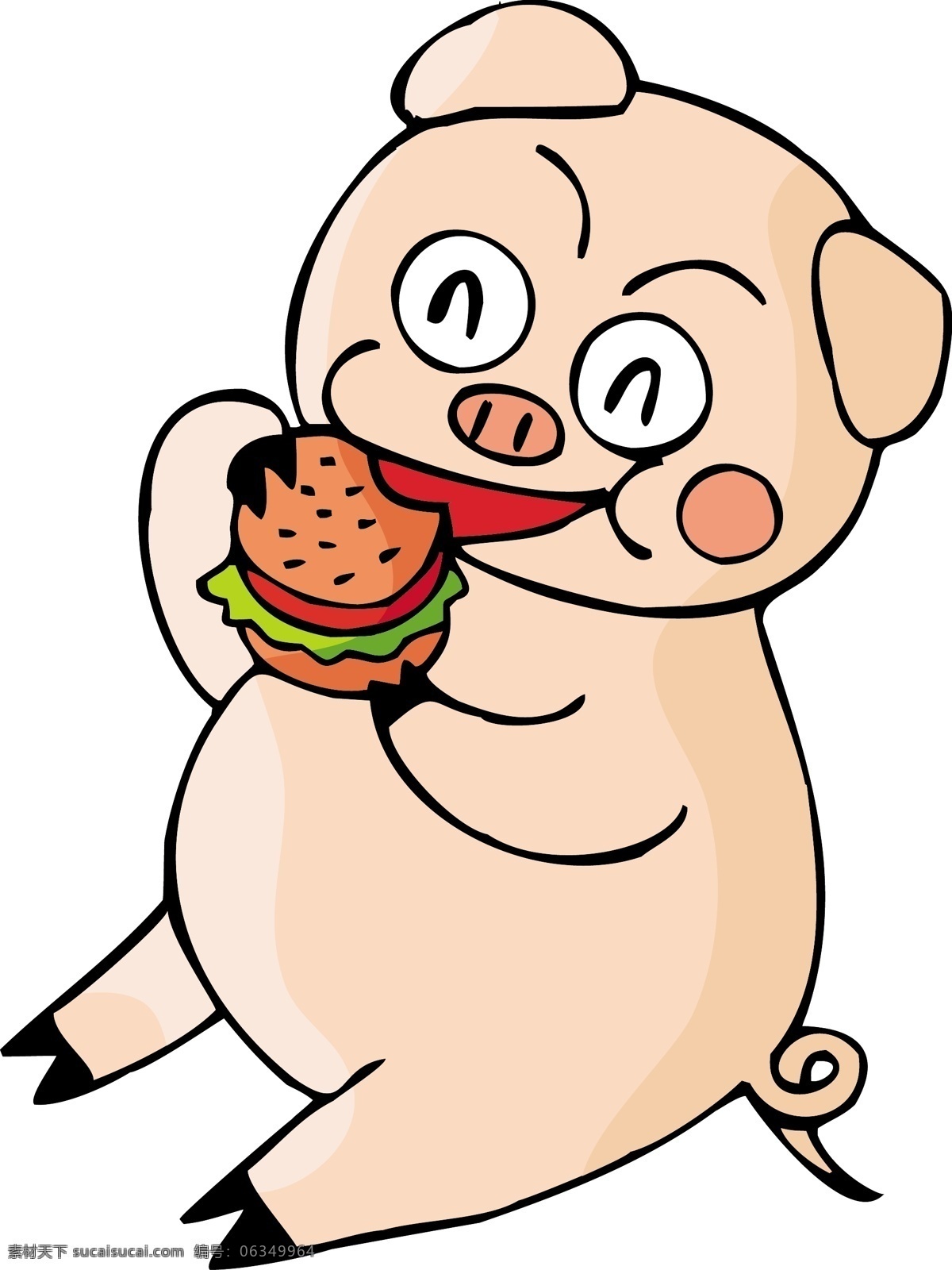 卡通 生肖 猪年 小 猪 吃 汉堡 矢量图
